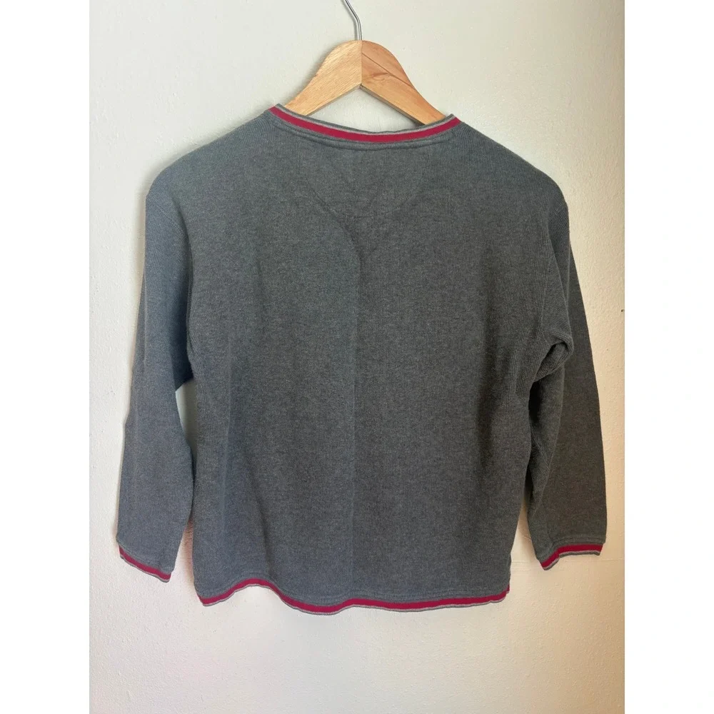 VTG Gap Kids Grey Cotton V-Neck Sweater Red Trim Size M 7-8 Ribbed Knit Pullover